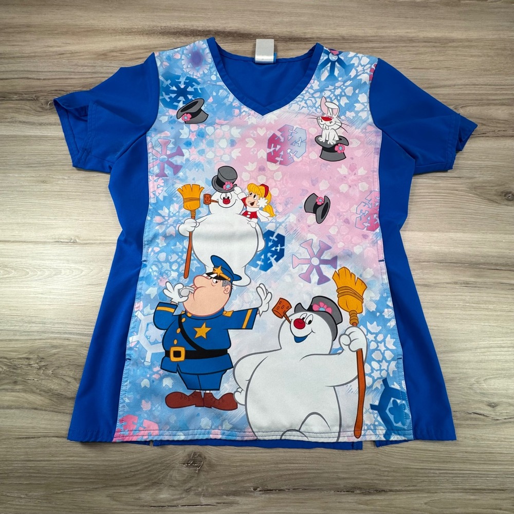 Frosty‎ the Snowman Womens V-Neck Scrub Top Blue Christmas Holiday